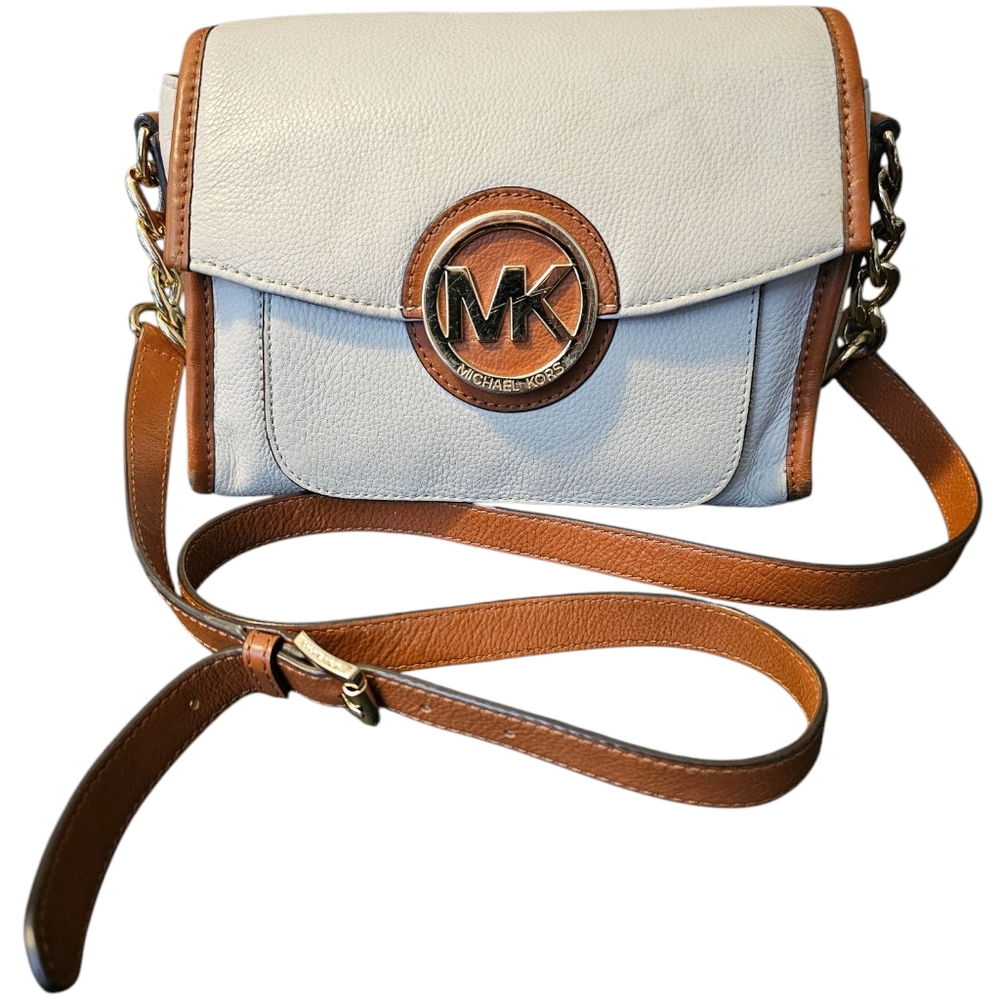 Michael Kors White/Brown Leather Margo Crossbody Bag